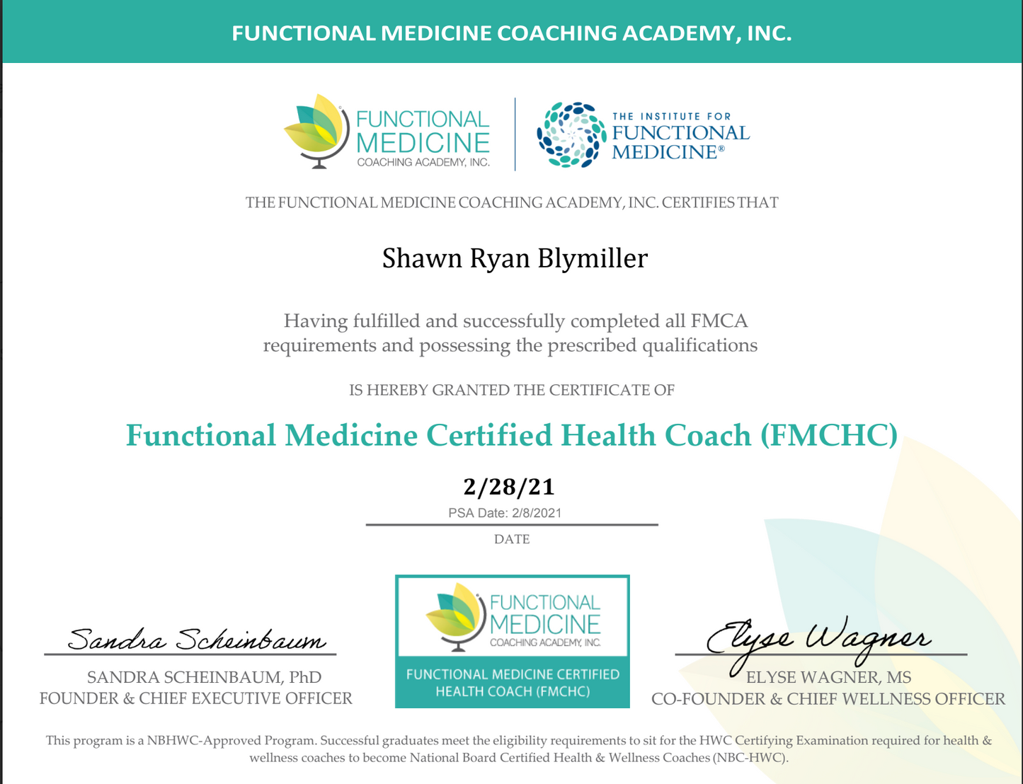 FMCA Functional Medicine Certified Health Coach certificate awarded to Shawn Ryan Blymiller