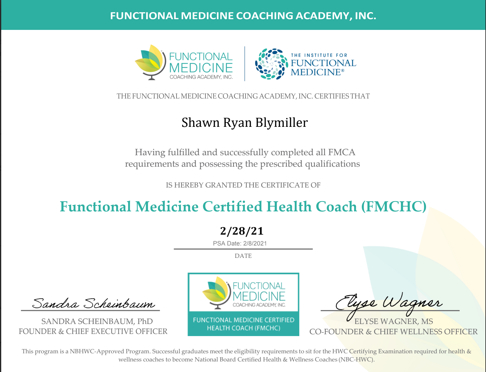 FMCA Functional Medicine Certified Health Coach certificate awarded to Shawn Ryan Blymiller